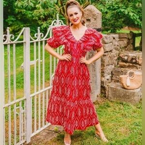 Zara Embroidered Red Ruffle Red Midi Dress, Size XS